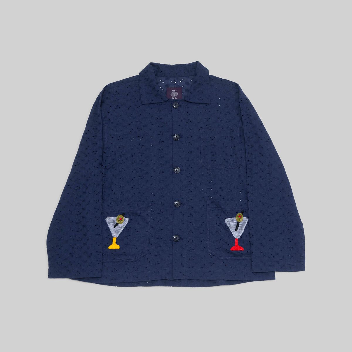 Navy Lace Workshirt with Embroidered Pocket — WHOLESALE