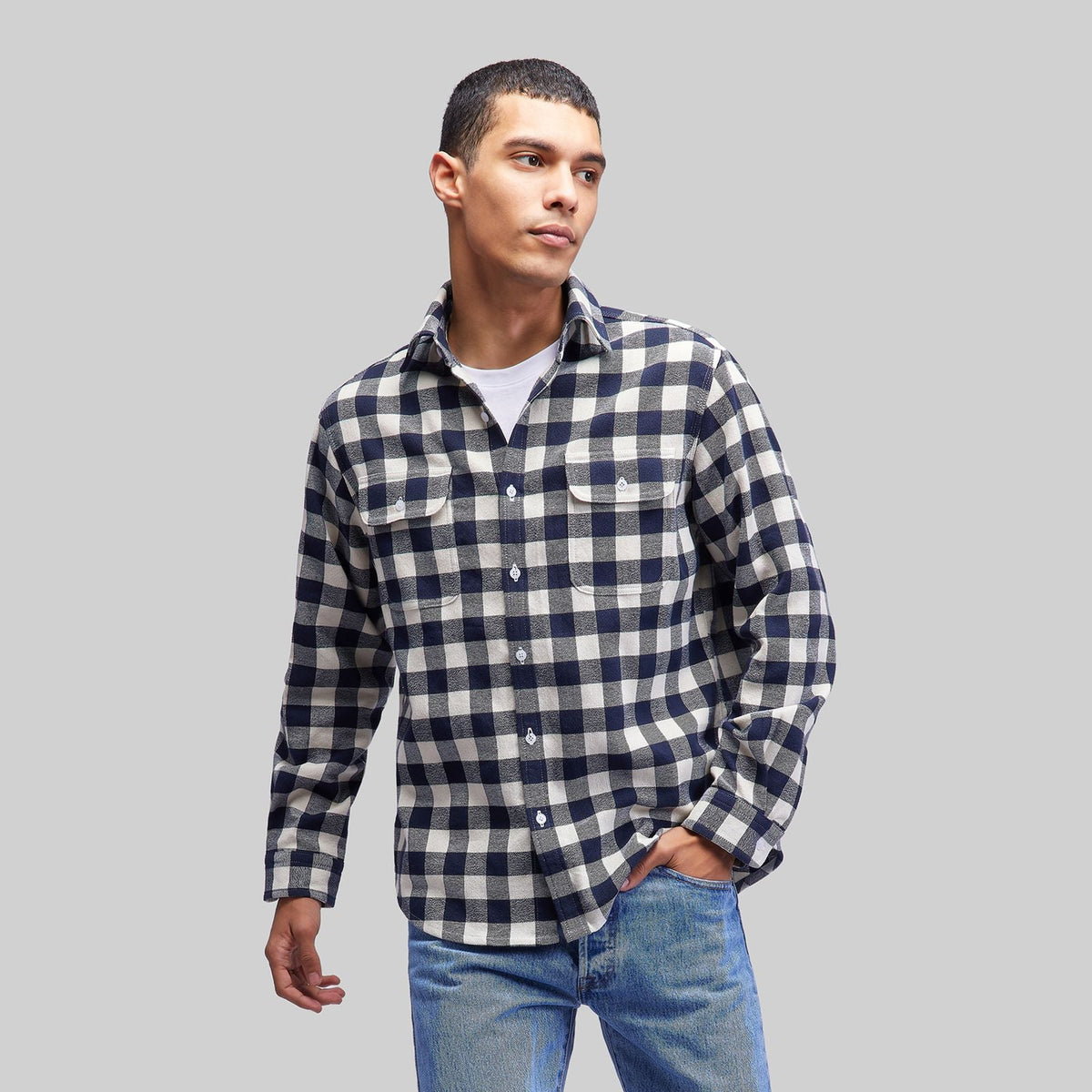 Handwoven Plaid Ecru & Navy Shirt - RES IPSA