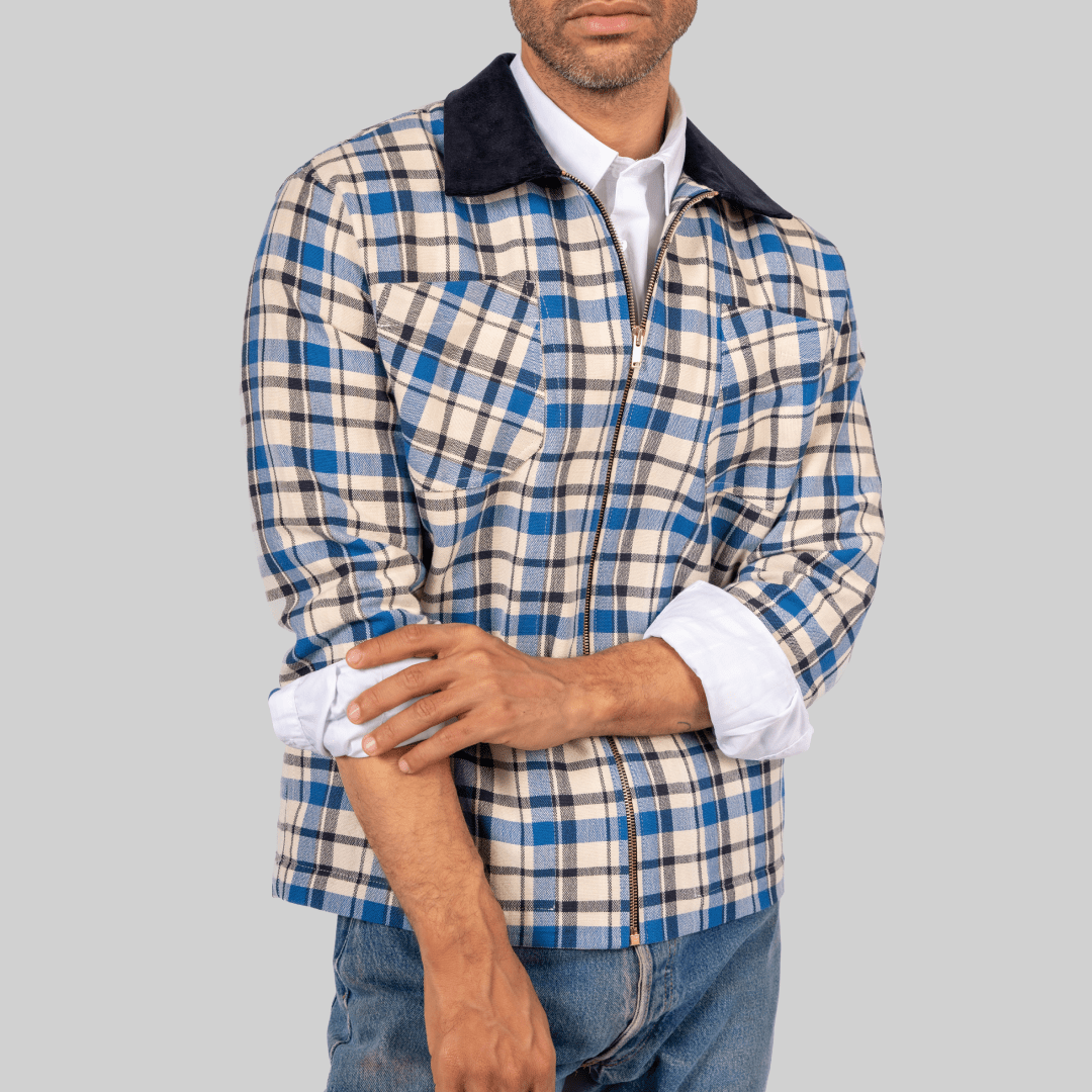 Handwoven Plaid Jacket with Navy Corduroy Collar - RES IPSA