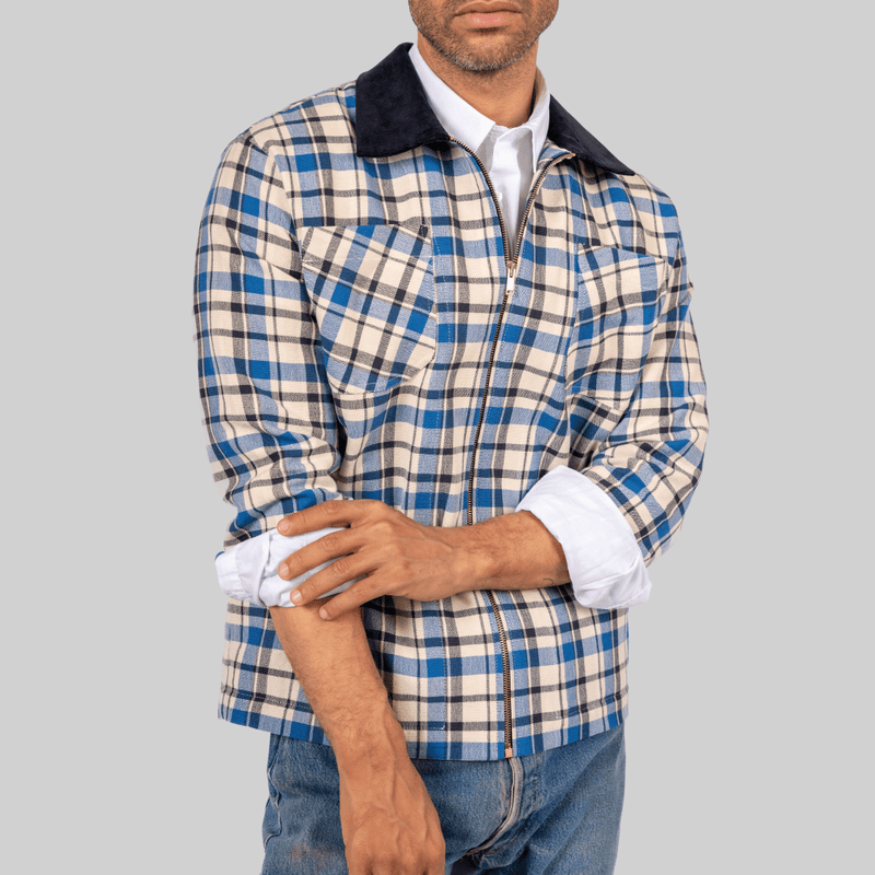 Handwoven Plaid Jacket with Navy Corduroy Collar - RES IPSA