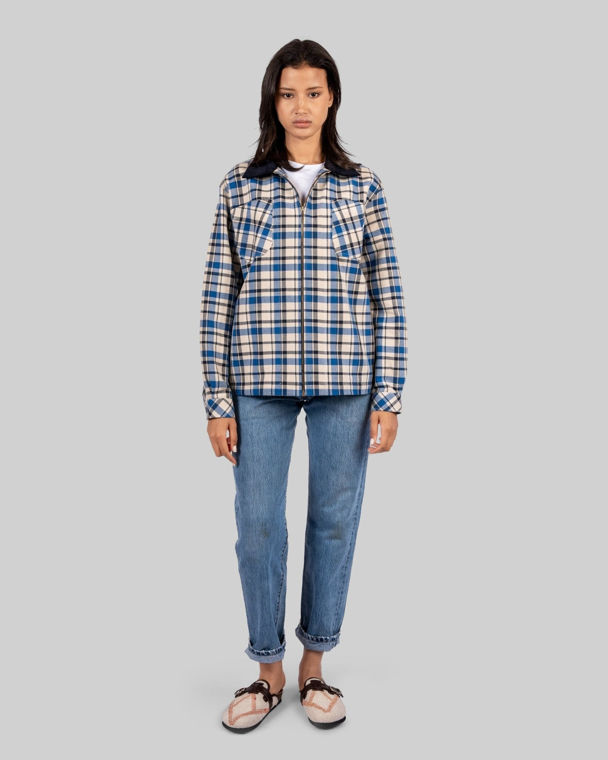 Handwoven Plaid Jacket with Navy Corduroy Collar - RES IPSA