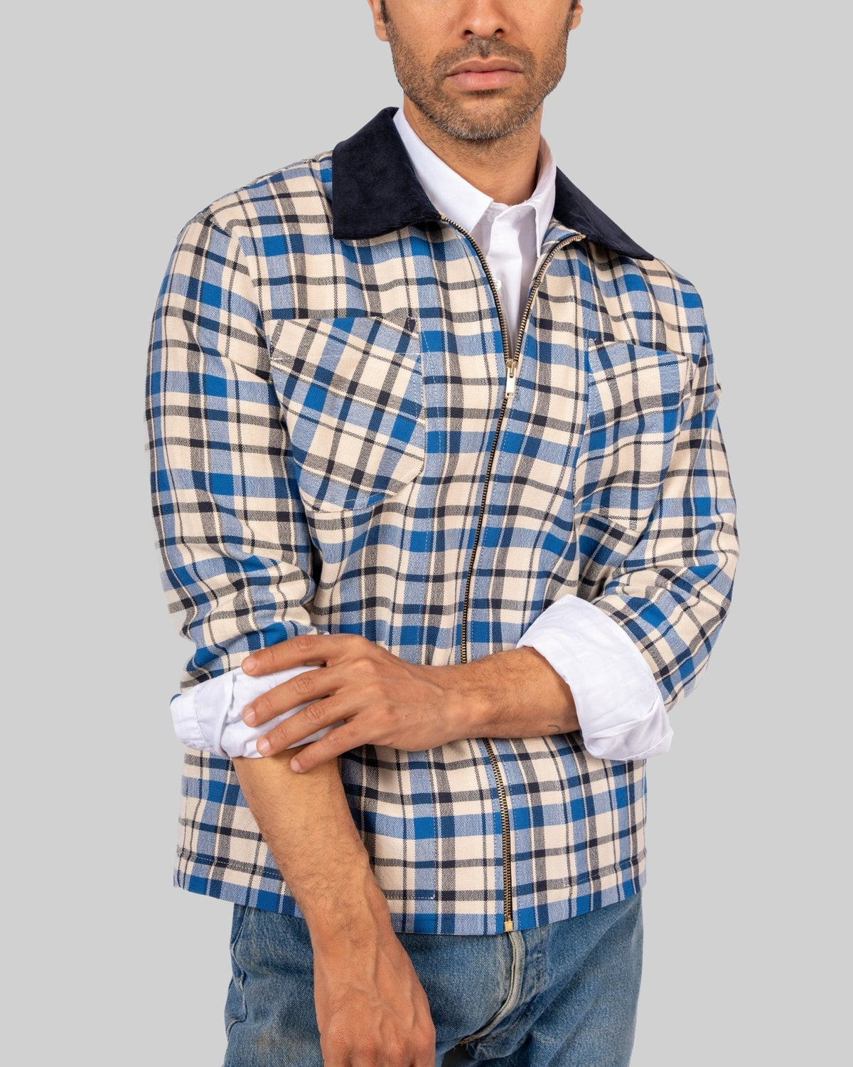 Handwoven Plaid Jacket with Navy Corduroy Collar - RES IPSA