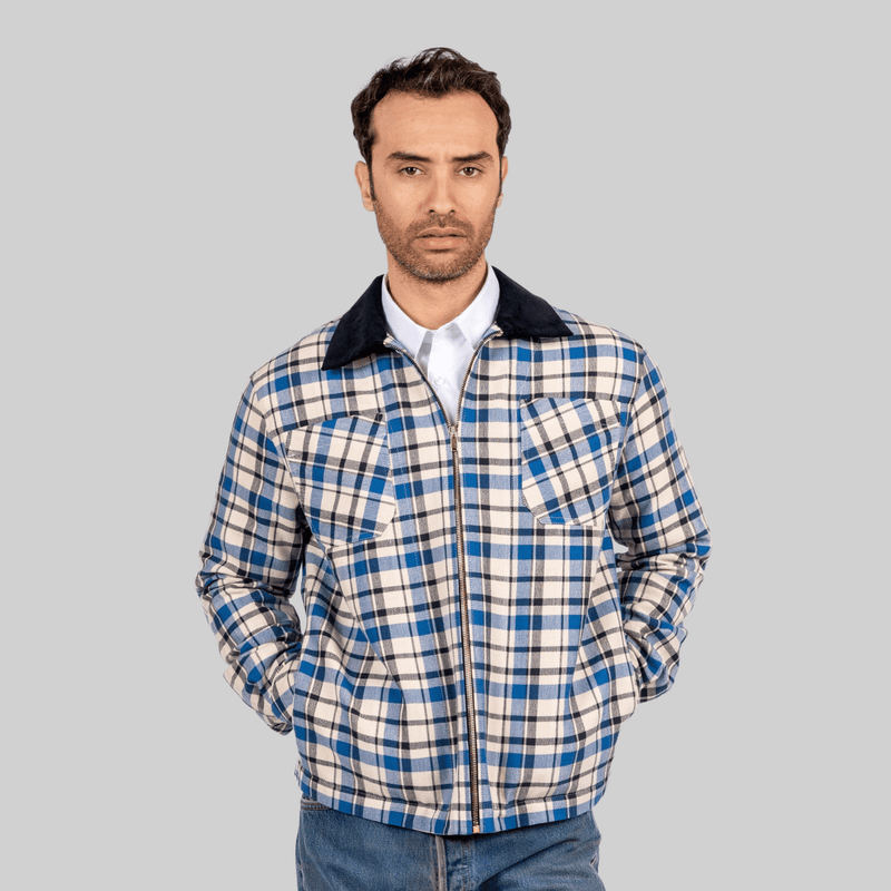 Handwoven Plaid Jacket with Navy Corduroy Collar - RES IPSA
